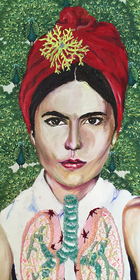 A woman wearing a red turban on a background of peacocks with embroidered lungs