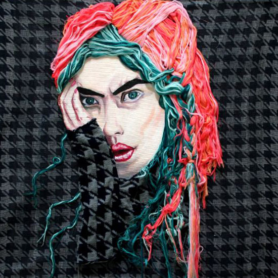 A mixed media portrait of a woman surrounded with piet de pool pattern