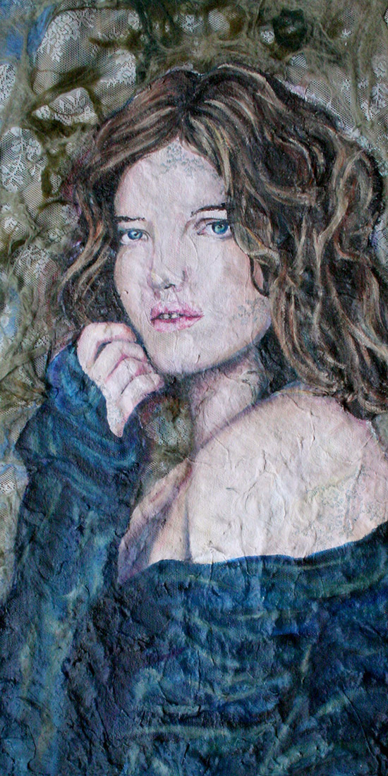 A Oil Portrait of a woman staring off into the middle distance on a felt background