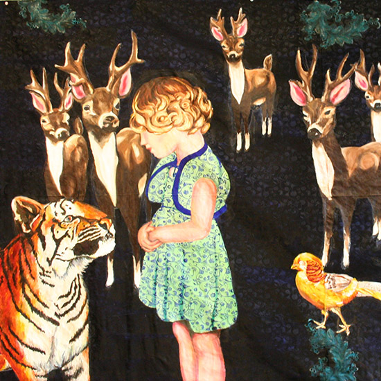 A woodland scene of negotiations between a young girl and a tiger
