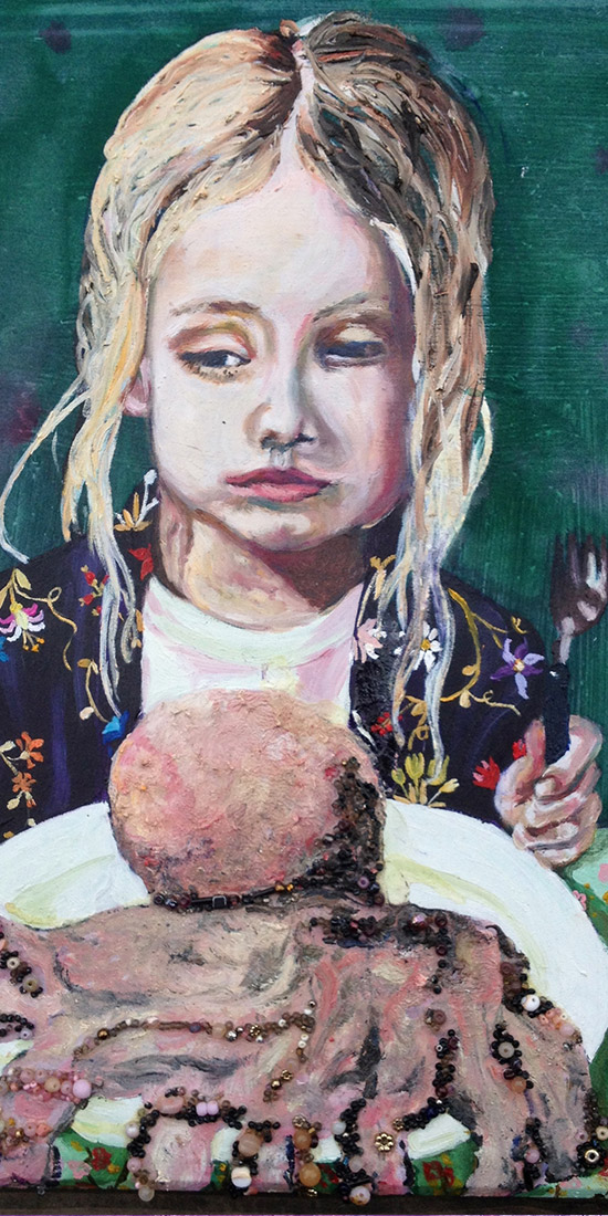 A girl on a green background eating an octopus