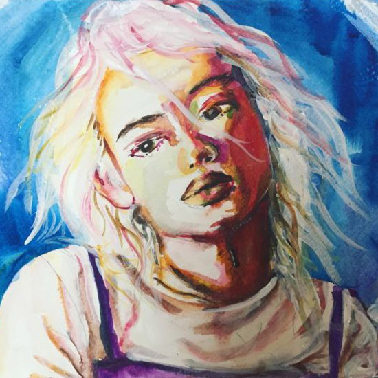 A watercolour portrait of a blonde woman on blue background