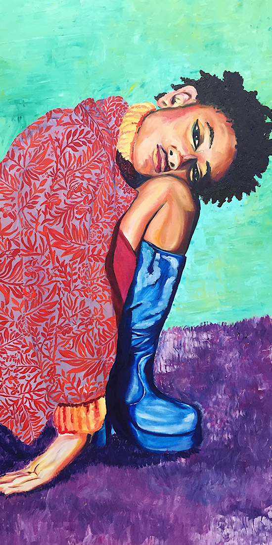 A Portrait of a kneeling Black woman on a purple floor with a mint green background